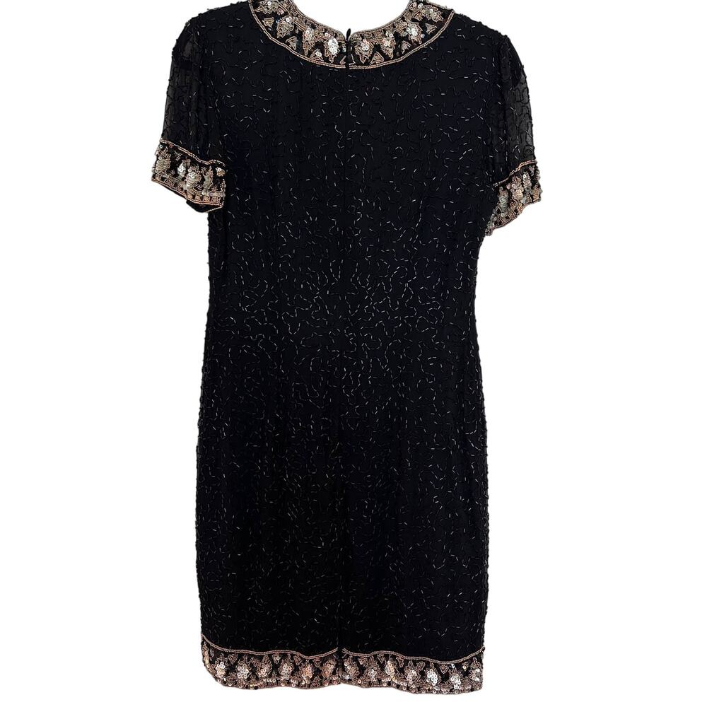 Vintage AJ Bari Dress Crew Neck Short Sleeve Beaded Silk Black/Gold Size 6